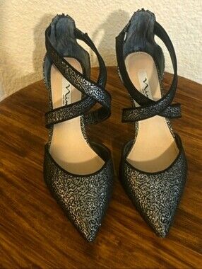 Nina New York |Black & Silver Jacquard Slip On Back Zip HEELS Fancy Elegant 8